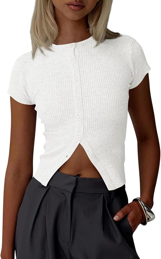 Imily Bela Womens Short Sleeve Sweater Tops Summer Button Down Casual Ribbed Knit Slim Fit Croppe... | Amazon (US)