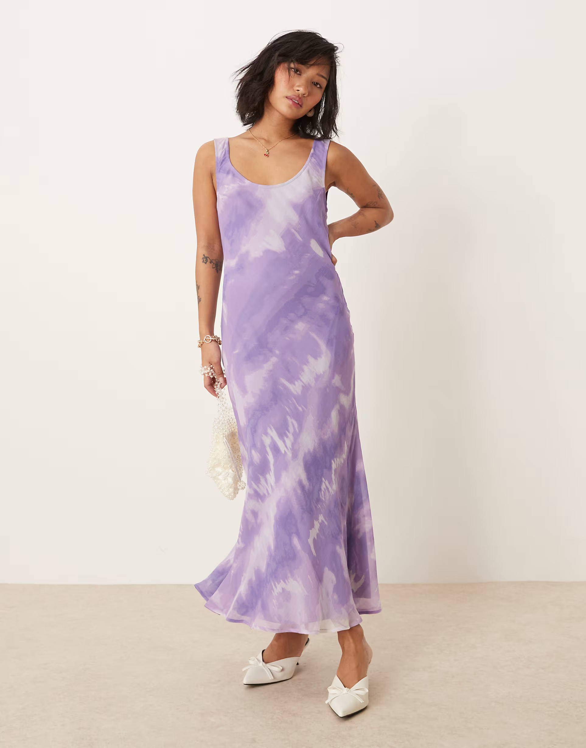 ASOS DESIGN Petite chiffon scoop neck midi slip dress in purple tie dye print | ASOS (Global)