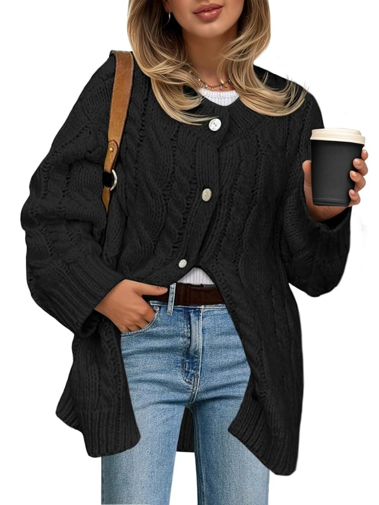 Saodimallsu Womens Cable Knit Cardigan Sweaters Chunky Button Up Long Sleeve Crew Neck Warm Loose... | Amazon (CA)