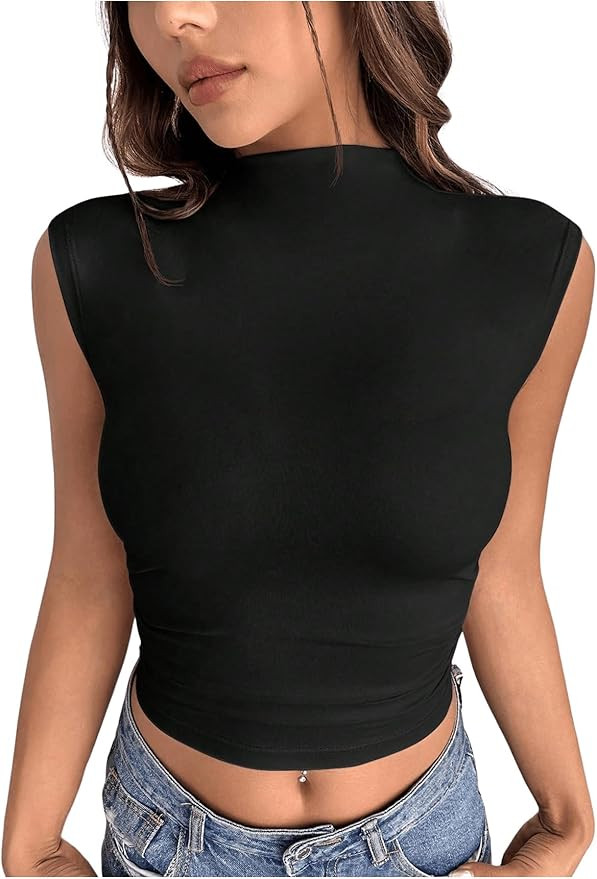 OYOANGLE Women's Mock Neck Sleeveless Ruched Tank Top Solid Slim Fit Casual Crop Tops | Amazon (US)