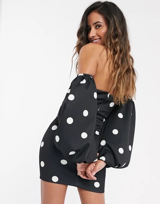 True Violet exclusive bardot balloon sleeve mini dress in oversized polka dot print | ASOS US