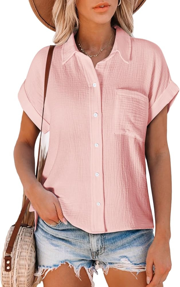 Astylish Women Summer Tops Cotton Short Sleeve Shirt V Neck Button Down Blouse Tunic Tops | Amazon (US)