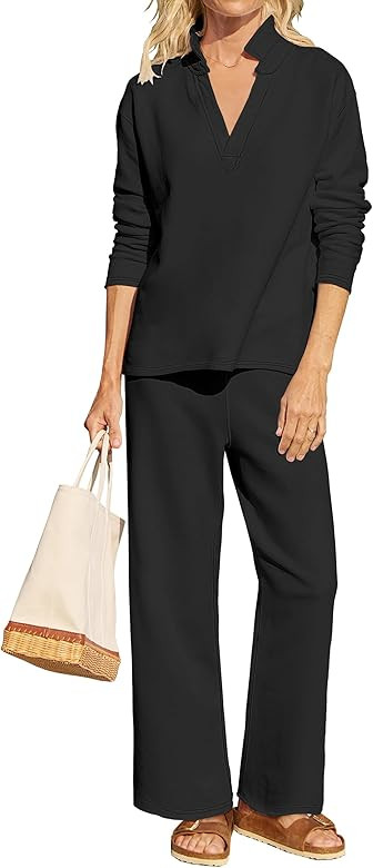 ANRABESS Lounge Sets for Women 2 Piece Outfits Sweatsuit Set Fall V Neck Sweatshirts Wide Leg Pan... | Amazon (US)