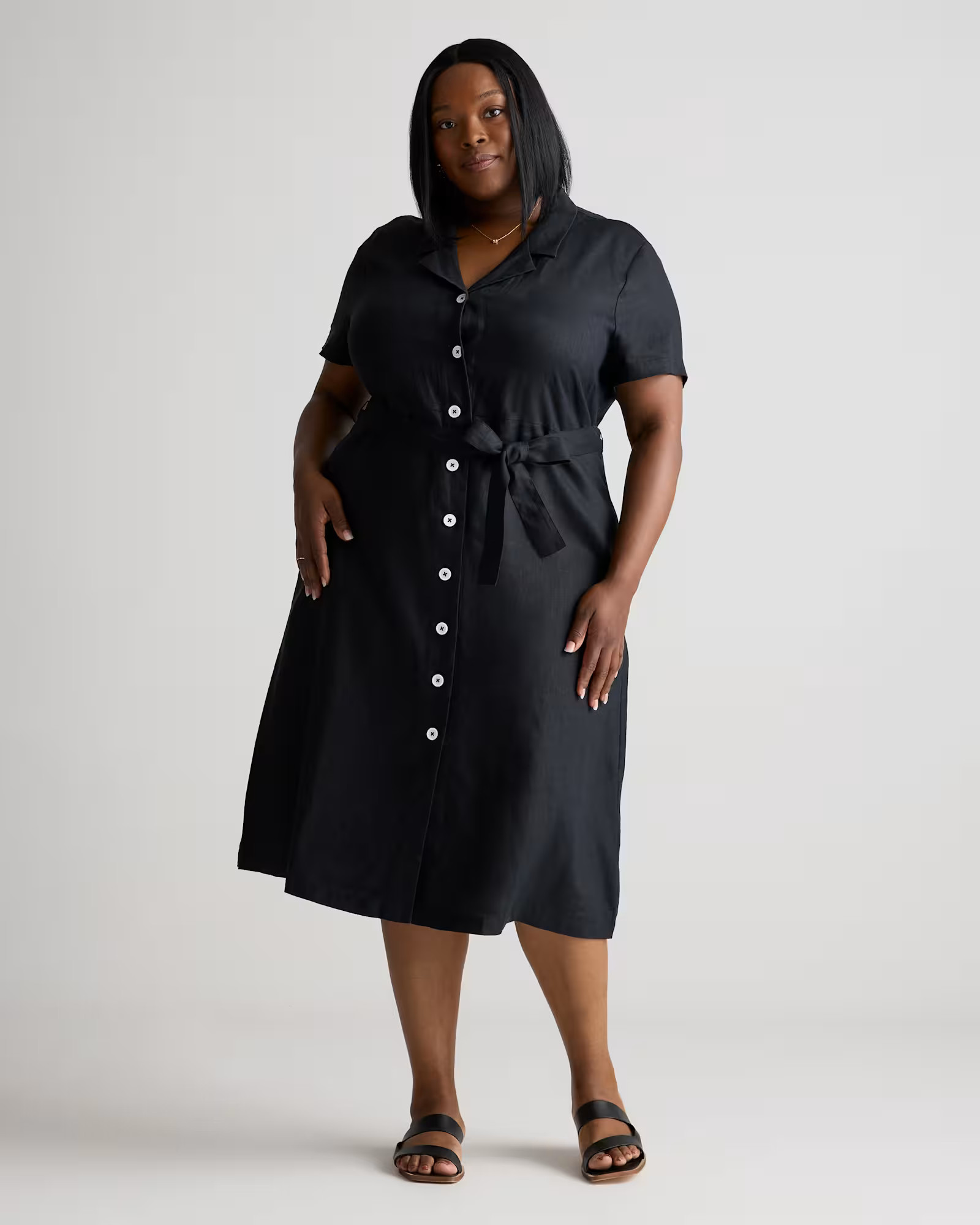 100% European Linen Button Front Dress in Black | Quince