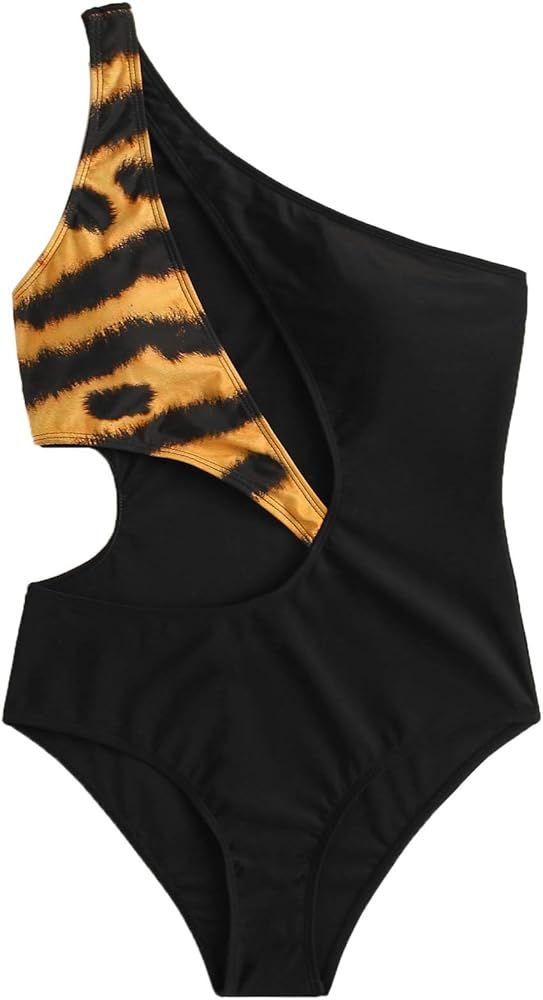 Women's One Piece Swimsuit One Shoulder Cut Out Leopard Tie Waist Bathing Suits Monokini | Amazon (US)