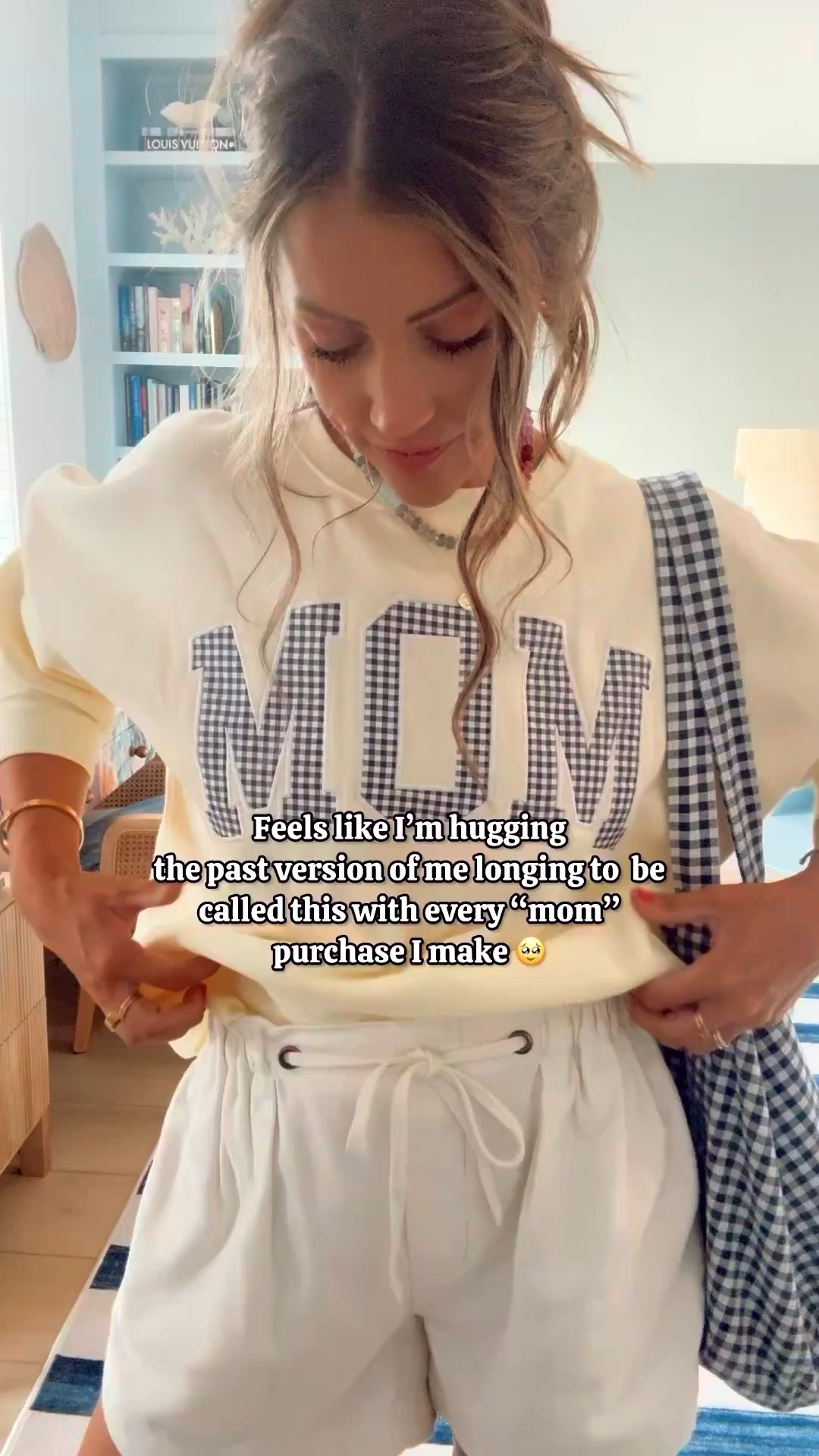 I sized up to a L for oversized fit! I’ve been living in this at home in sweats 🤭😆 sooo comfy cozy! My shorts are last year free people.. sold out now :( I linked similar! 