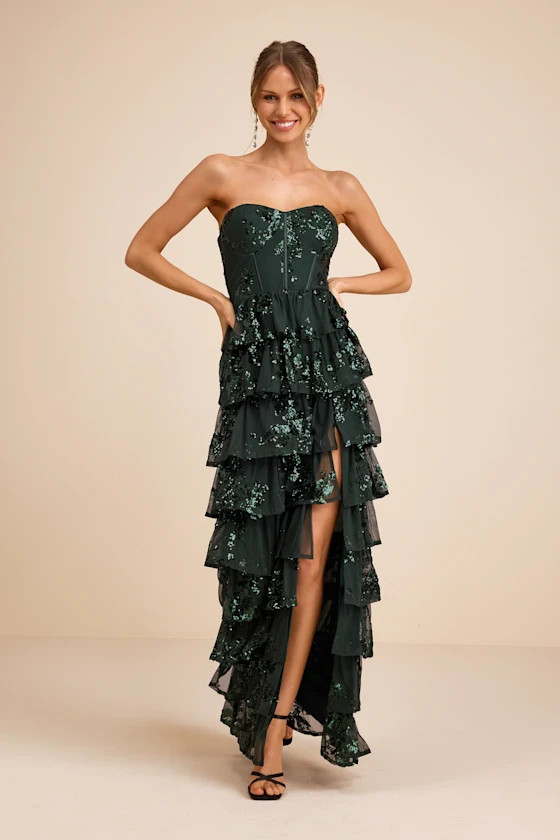 Definite Glamour Emerald Sequin Strapless Bustier Maxi Dress | Lulus