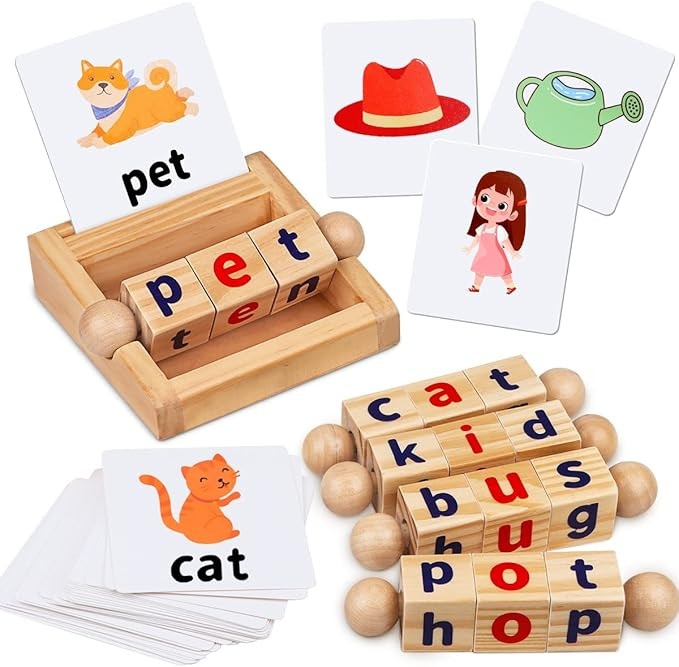Montessori Toys for Toddlers 2 3 4 Years Old Wooden Reading Blocks Flash Cards Short Vowel Turnin... | Amazon (US)