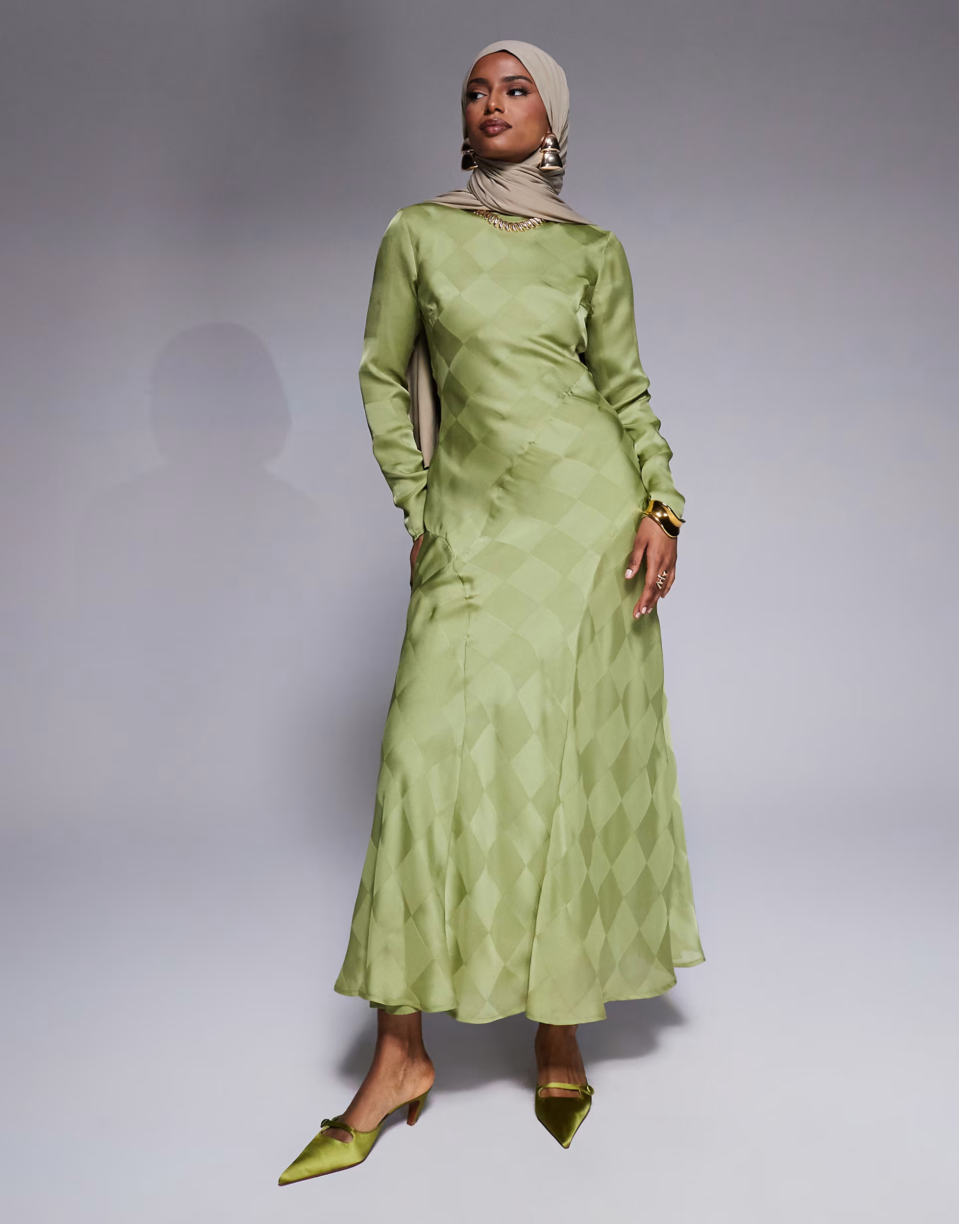 ASOS DESIGN high neck satin checkerboard maxi dress in sage green | ASOS (Global)