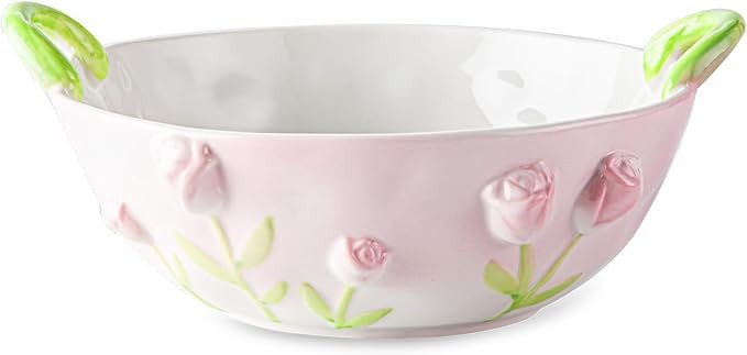 Handmade Ceramic Floral Fruit Bowl with Handles, 3D Hand-Painted Rose Flower Design Serving Dish,... | Amazon (US)