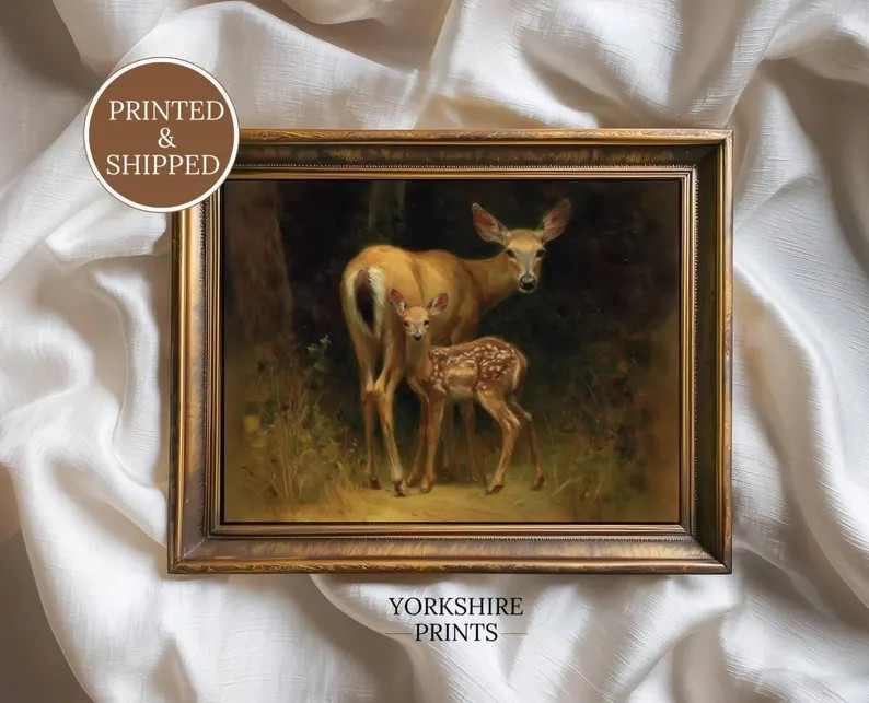 Mother Deer & Fawn Wall Art Print, Woodland Nursery Decor, Moody Animal Painting | Etsy (Global)