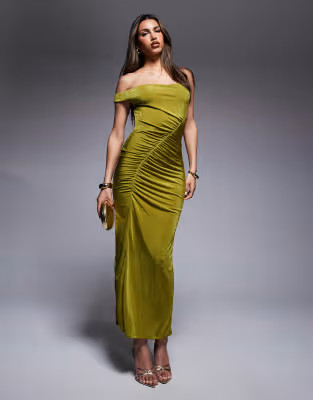 ASOS DESIGN fallen shoulder with ruching midi dress in green | ASOS (Global)