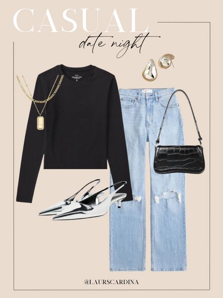 This casual date night outfit includes a fitted black long sleeve top, ripped jeans, silver sling back shoes, teardrop earrings, a layered necklace, and black shoulder bag. 

Ootd, date night, outfit inspiration 

#LTKstyletip #LTKshoecrush #LTKfindsunder50
