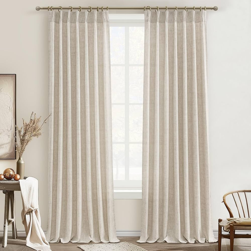 Living Room Semi Sheer Curtains 90 Inches Long 2 Panels Set, Natural Thick Linen Pinch Pleated Cu... | Amazon (US)