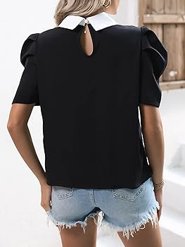 OYOANGLE Women's Casul Puff Short Sleeve Collar Work Blouse Top Shirts | Amazon (US)