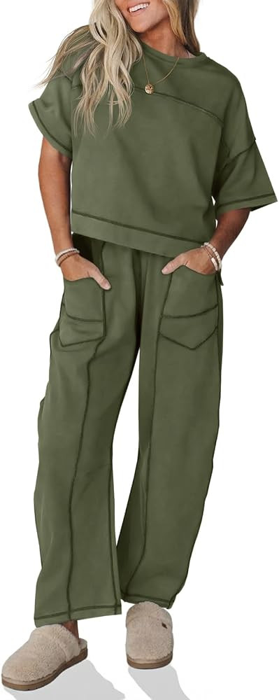 Fisoew Womens 2 Piece Outfits Lounge Sets Short Sleeve Tops and Wide Leg Pants Travel Vacation Ca... | Amazon (US)