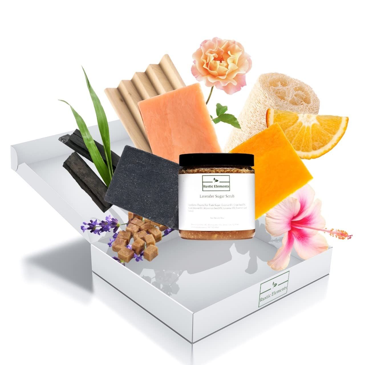 Rustic Elements Natural Bar Soap Gift Set - USA Grown Loofah Sponge, Exfoliating Sugar Scrub, Rec... | Amazon (US)
