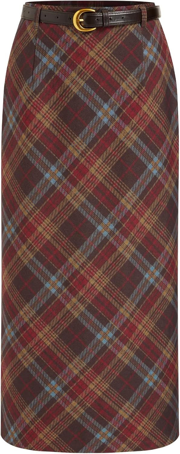 CIDER Plaid Midi Skirt for Women A Line High Waisted Long Skirt with Belt | Amazon (US)