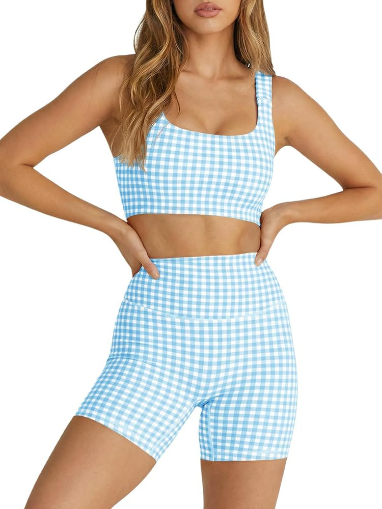 Womens Workout Gingham 2 Piece Outfits Padded Open Back Crop Tank High Waist Sports Shorts Sets Y... | Amazon (US)