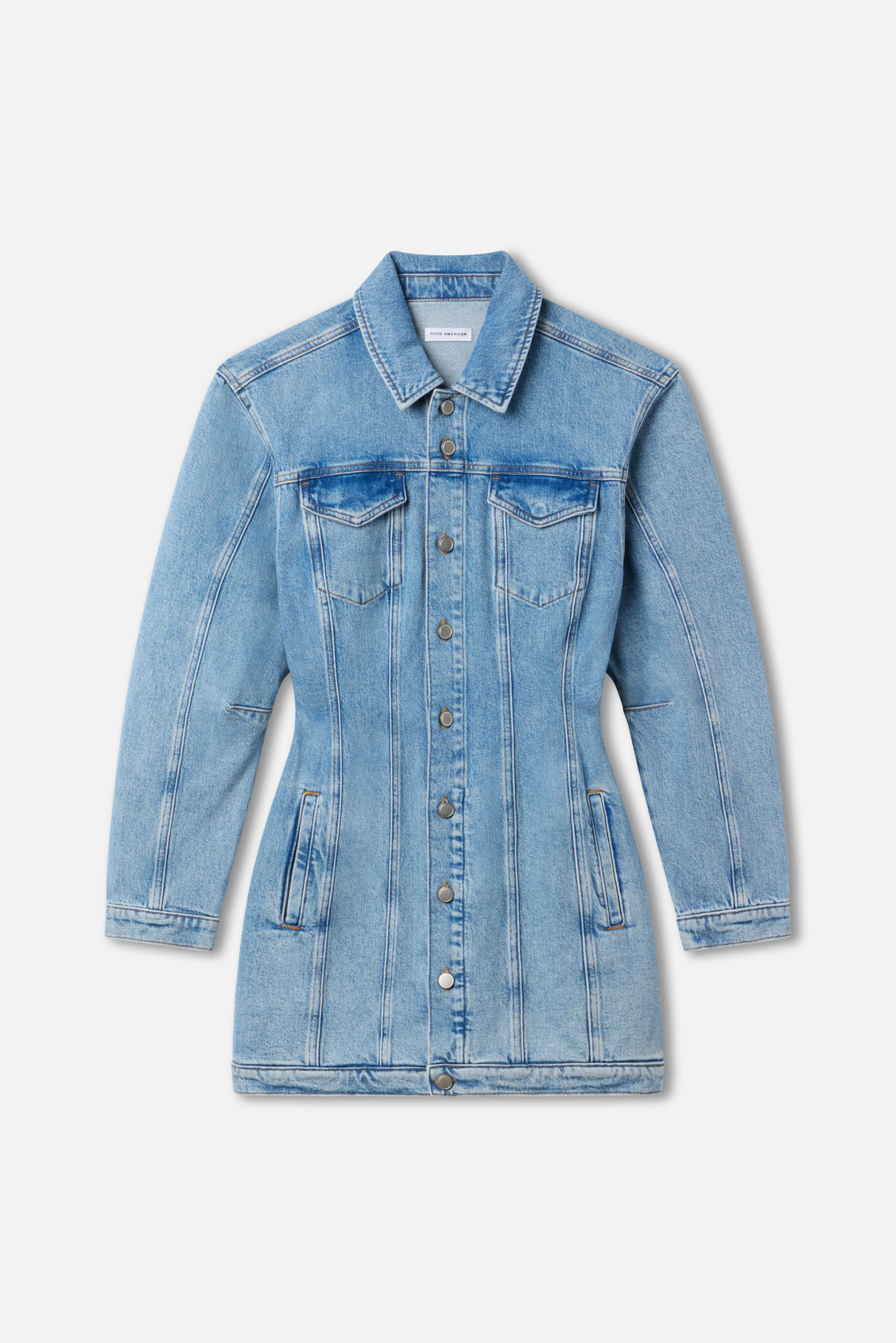 BARREL LONG SLEEVE MINI DRESS | INDIGO911 - GOOD AMERICAN | Good American