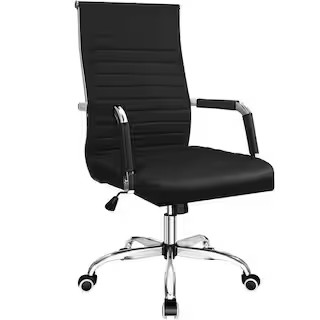 LACOO Black Ribbed Office Mid-Back PU Leather Executive Task Chair with Arms T-OC79P0 - The Home ... | The Home Depot