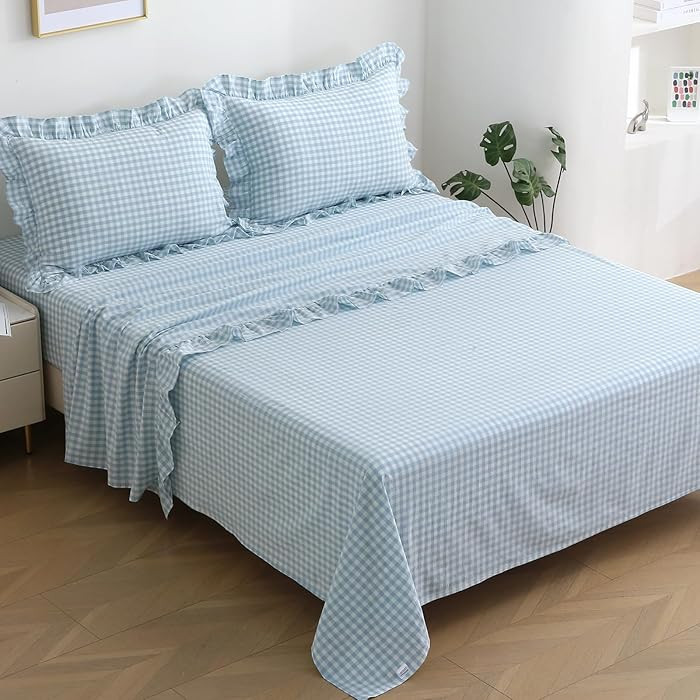 Light Blue White Plaid Ruffle Gingham Sheets King Size 4-Piece Set, 300TC 100% Yarn Dyed Cotton S... | Amazon (US)
