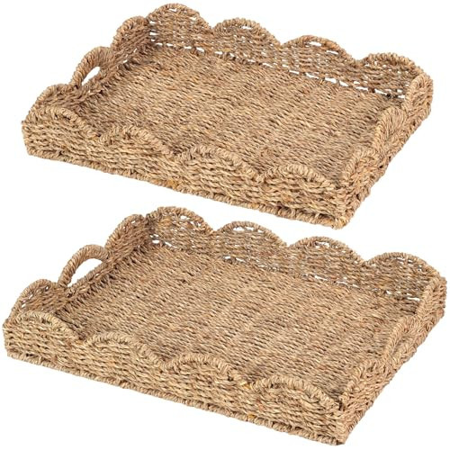 2Pcs - Scalloped Basket, Decorative Basket, Seagrass Tray (17 x 13 x 3 inch - 2Pcs) with Scalloped Edge and Built-in Handles, Rectangle Serving/Rattan/Wicker/Woven/Basket Tray | Amazon (US)