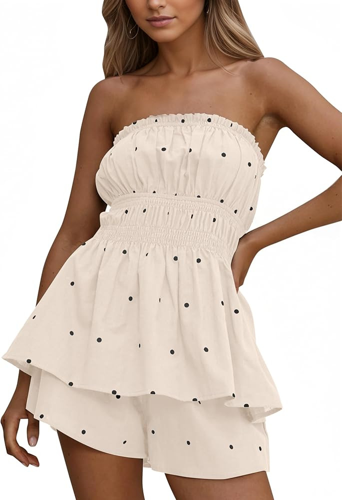 Summer Polka Dot Set For Women Ruffle Tube Tops Wide Leg 2 Piece Short Set Matching Lounge Set Be... | Amazon (US)