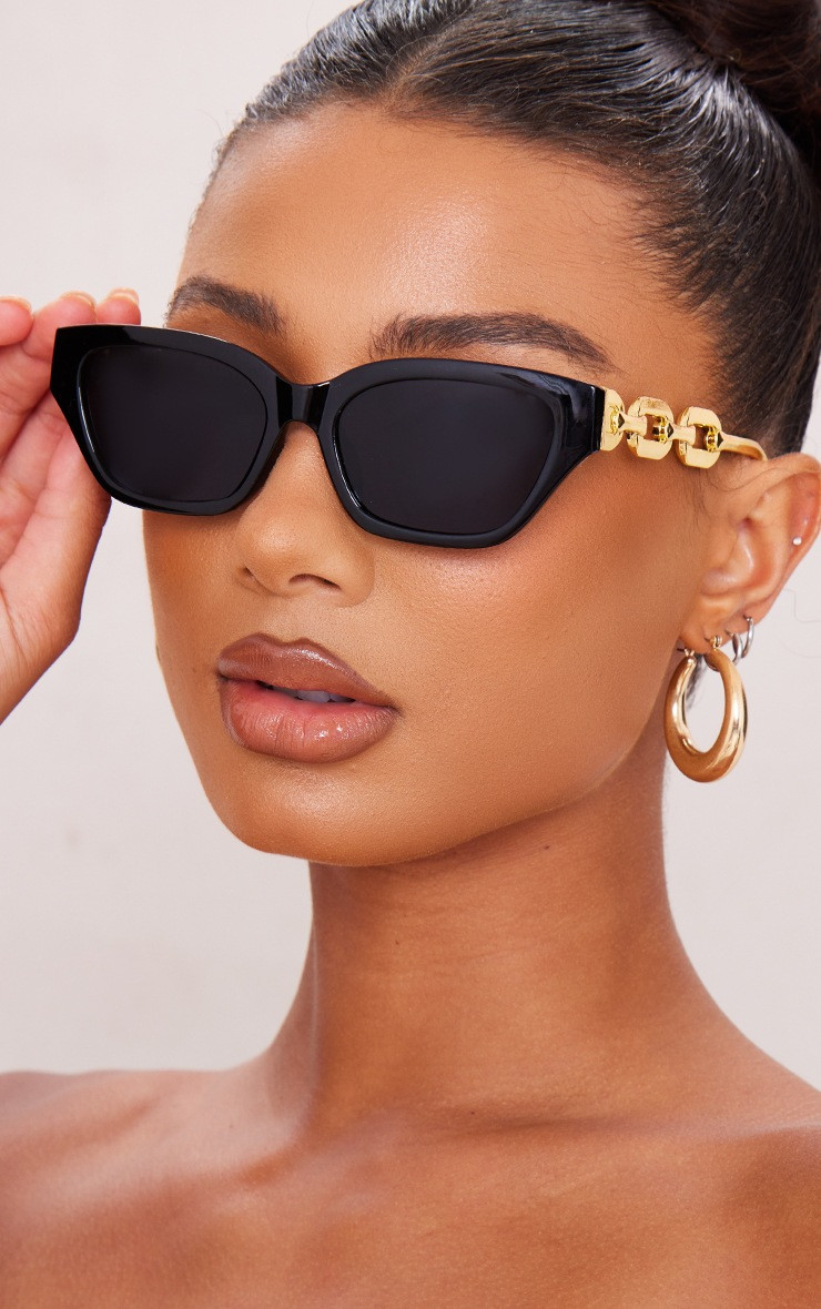 Black Thick Chain Detail Cat Eye Sunglasses | PrettyLittleThing UK