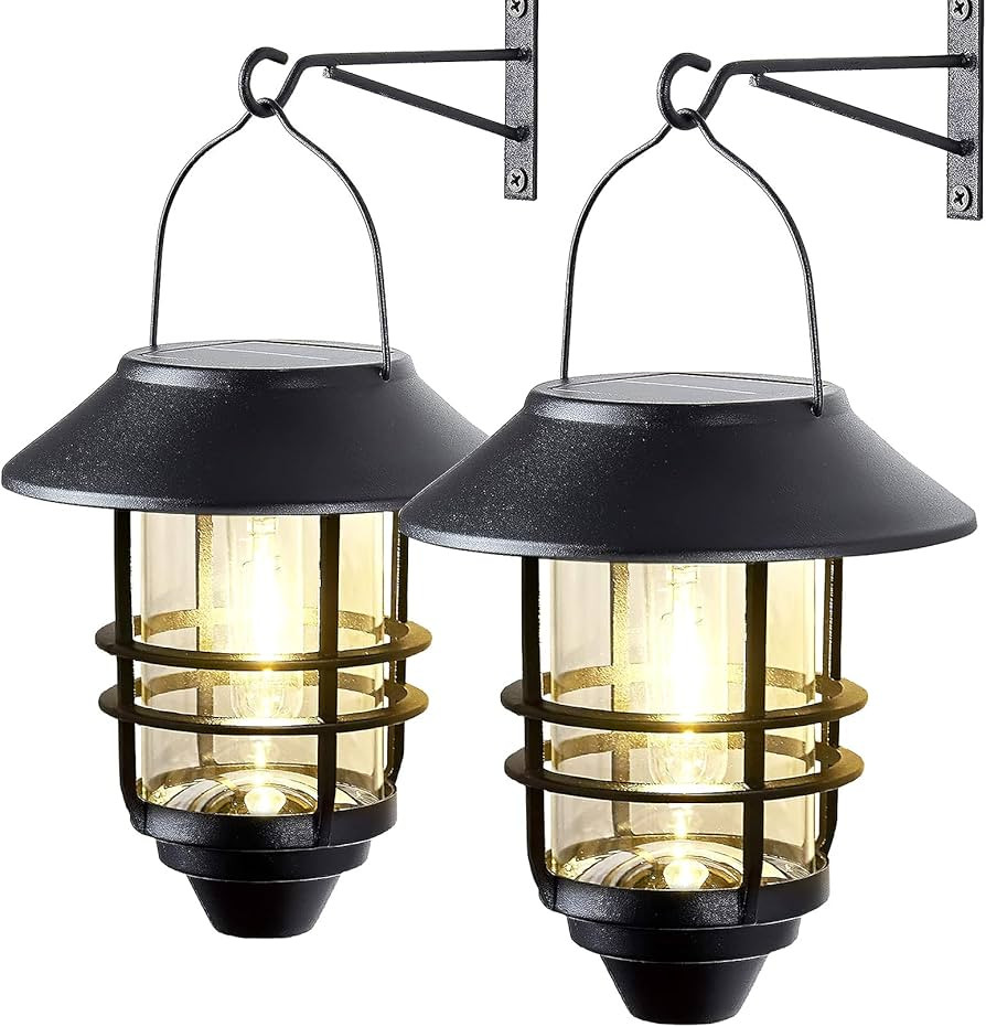 2 Pack Solar Lanterns Outdoor, Hanging Solar Lights for Outside Glass Metal with Wall Mount Brack... | Amazon (US)