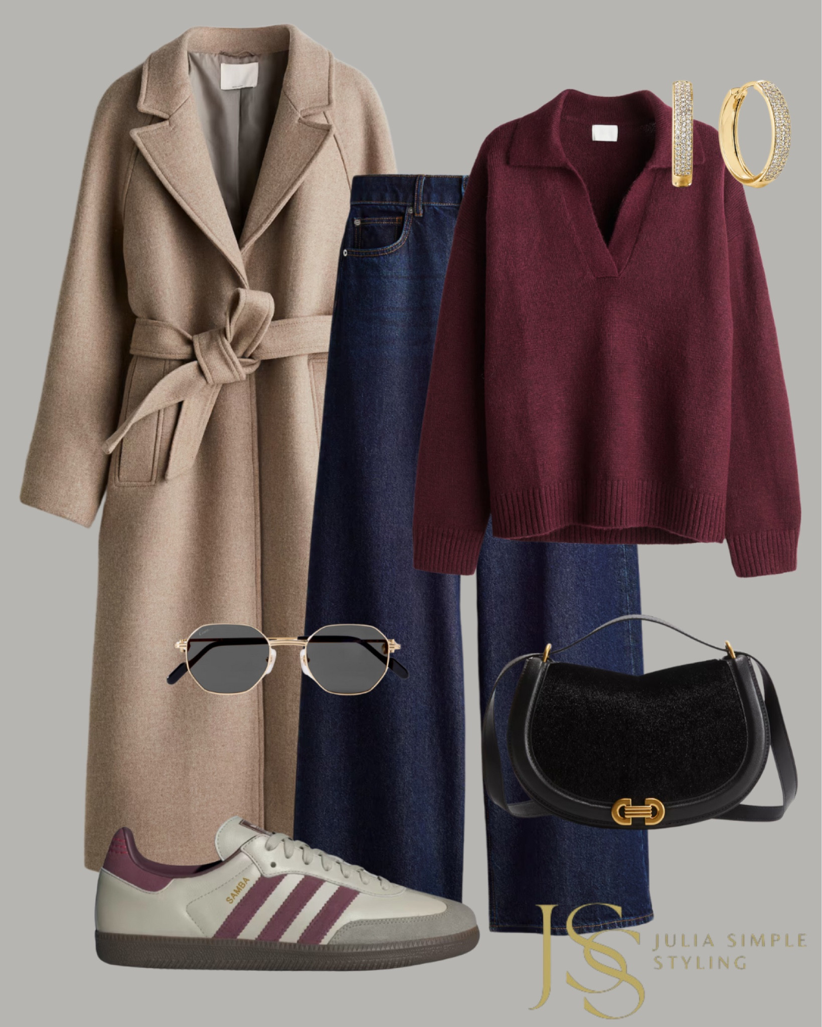 Beige wool coat, neutral coat, burgundy sweater, adidas sneakers, denim trousers, wide leg pants, jeans styling 

#LTKOver40 #LTKWorkwear #LTKFindsUnder100