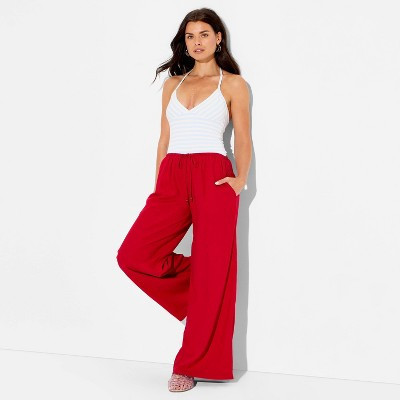 Women's Low-Rise Baggy Leg Linen Pull-On Pants - Wild Fable™ Red L | Target