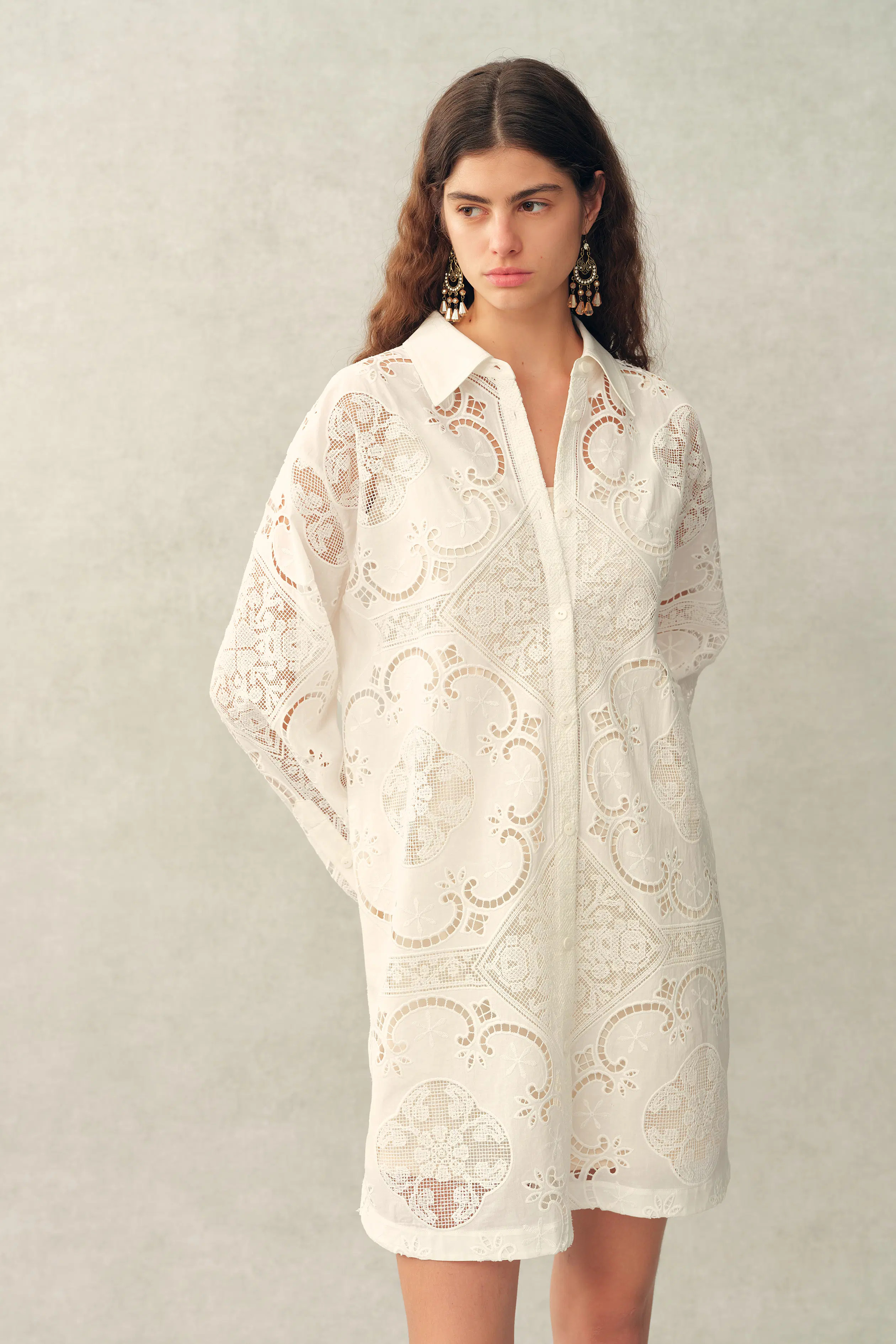 Eliana Cutwork Embroidery Longline Cover Up Long Sleeves Shirt in 100% | Fabrique