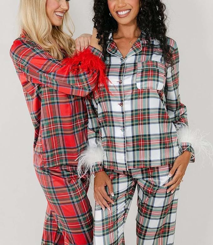 Yiulangde Christmas Feather Pajamas for Women 2 Piece Set Long Sleeve Button Down Shirt Matching ... | Amazon (US)