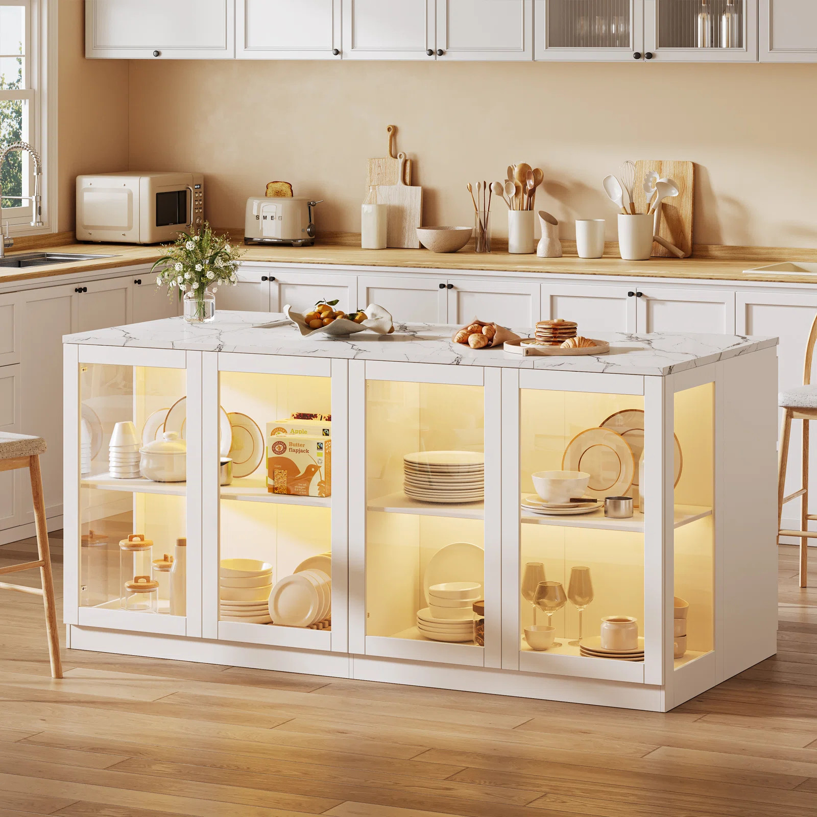 78.7" Kitchen Island with Large Drawers and Cabinets, Kitchen Cabinet with LED Lights, White | Wayfair North America