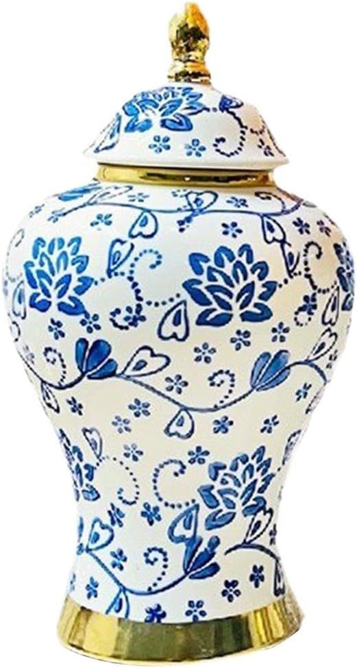 JISADER Blue and White Porcelain Ginger Jar Temple Jar Vintage Decorative Vase Ceramic Flower Vas... | Amazon (US)