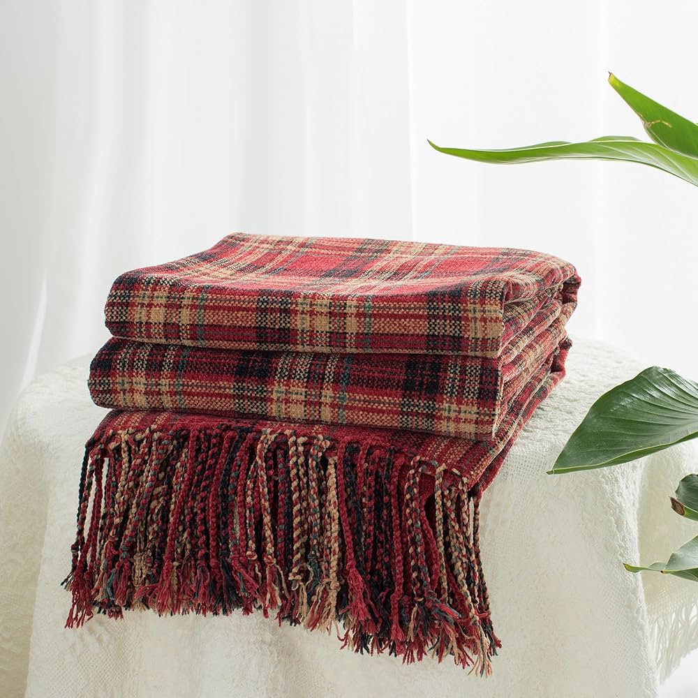 Chenille Plaid Throw Blanket for Couch with Tassels,50"X60" Soft Lightweight Knitted Boho Decorat... | Amazon (US)
