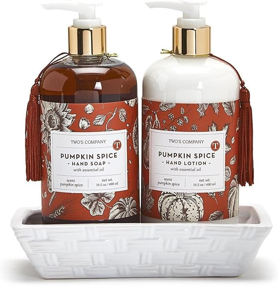 Two's Company Autumn Air Pumpkin Spice Scented Hand Soap & Lotion Set in Ceramic Tray | Amazon (US)