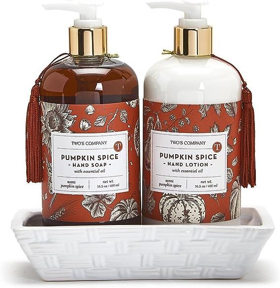 Two's Company Autumn Air Pumpkin Spice Scented Hand Soap & Lotion Set in Ceramic Tray | Amazon (US)