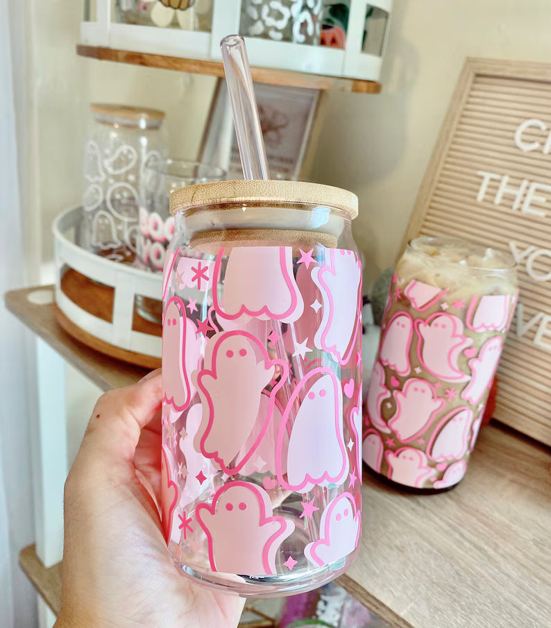 Cute Pink Ghosts Beer Can Glass Iced Coffee Glass 16oz 20oz - Etsy | Etsy (US)
