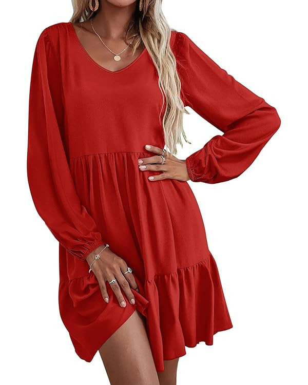 HOTOUCH Women Casual Tunic Dress V Neck Tiered Dress Long Sleeve Fit Swing Shift Dress with Pocke... | Amazon (US)
