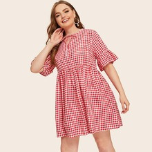 Plus Tie Front Keyhole Neck Gingham Babydoll Dress | SHEIN