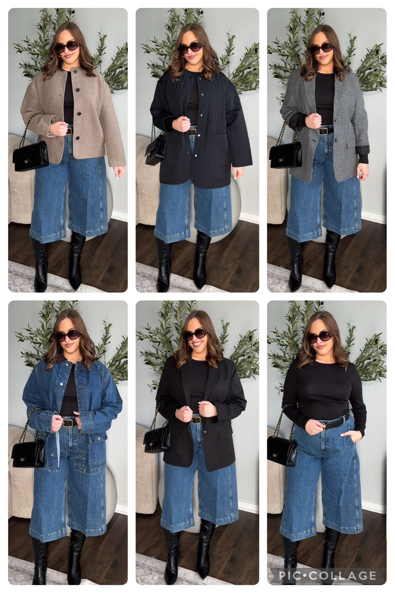 1 base 6 ways! 

Wearing a 16 bottom, L black long sleeve, XL black quilted jacket, XL ranch jacket, XL taupe jacket, 14 blazers. 