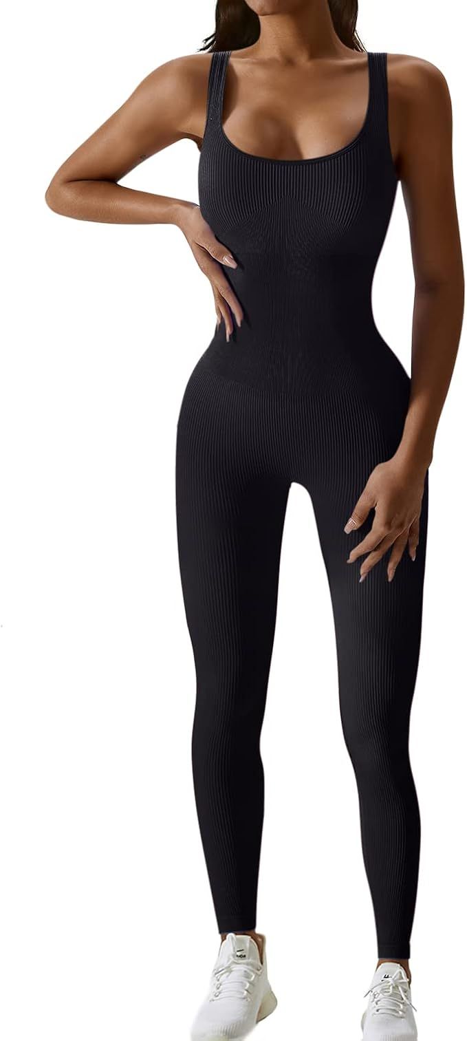 Yoga Jumpsuit for Women Workout Gym Seamless Ribbed One Piece Square Neck Tummy Control Padded Sp... | Amazon (CA)