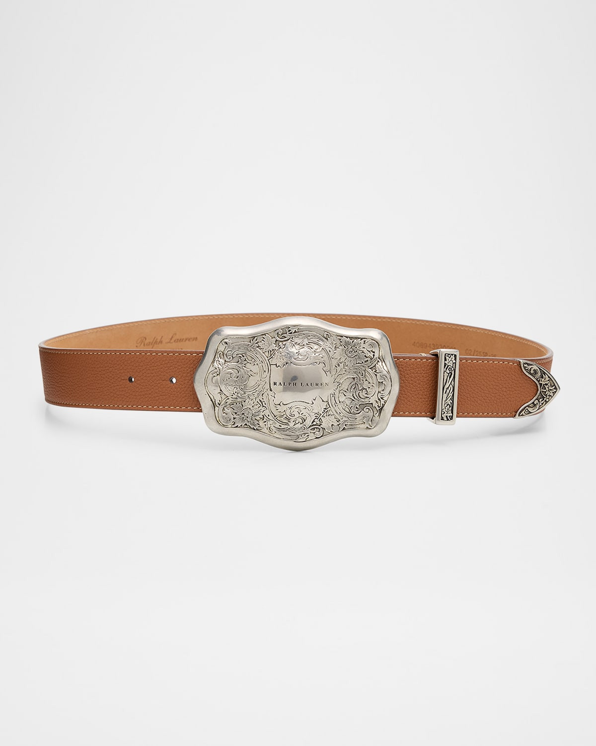 Tooled-Buckle Pebbled Calfskin Western Belt | Neiman Marcus