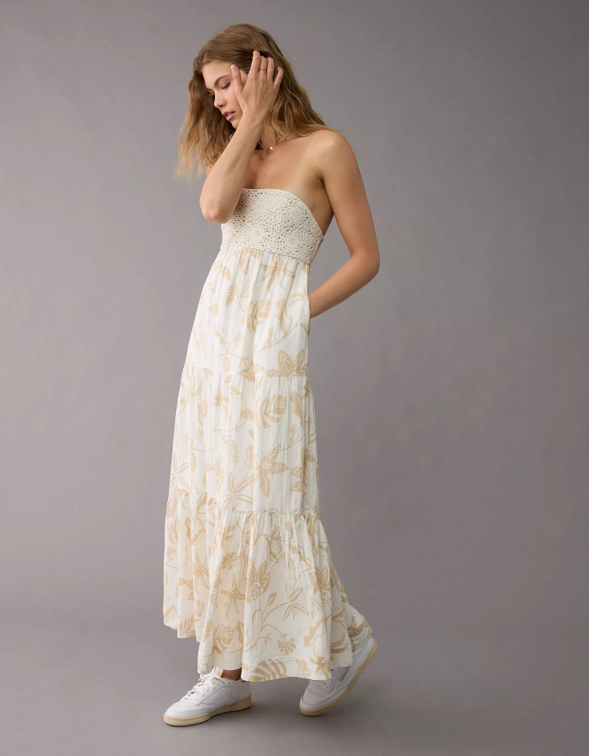 AE Strapless Crochet Babydoll Maxi Dress | American Eagle Outfitters (US & CA)