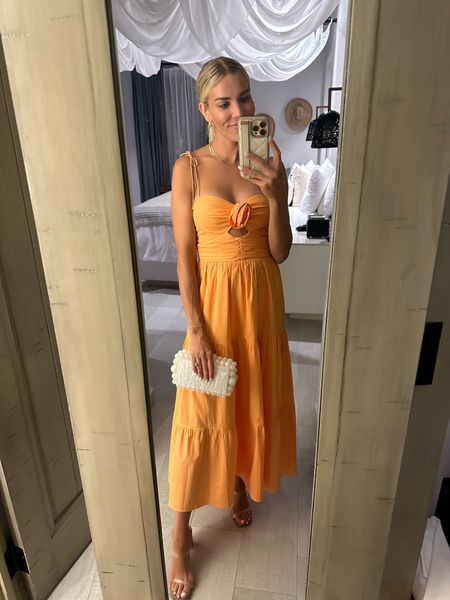 Xs in dress, shoes run tts 

Vacation dress, midi dress, orange dress, summer dress, clear heels, layering necklaces, gold earrings, white clutch, gold necklaces #LTKunder100 

#LTKsalealert #LTKtravel