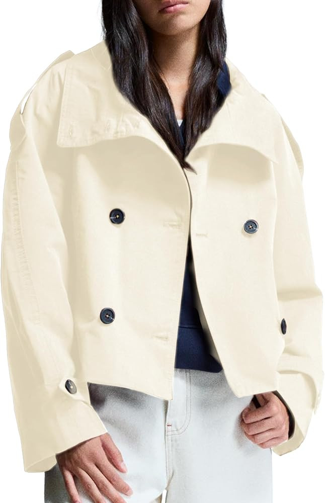 Women's Cropped Trench Coat Double Breasted Short Jacket High Collar Fall Winter Coats Trendy Out... | Amazon (US)