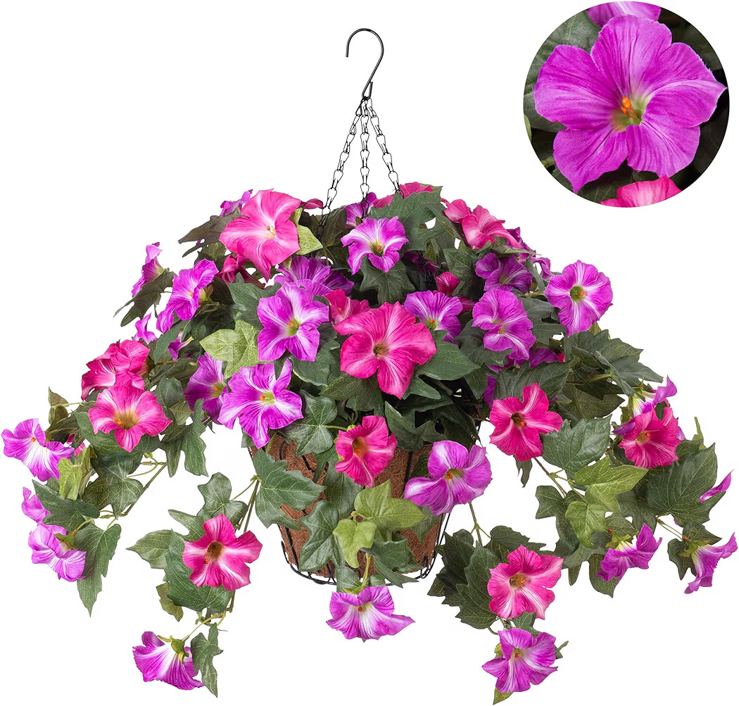 Artificial Hanging Fake Flowers with Basket Plants for Outdoor Spring Decoration, Faux Silk Flowe... | Amazon (US)