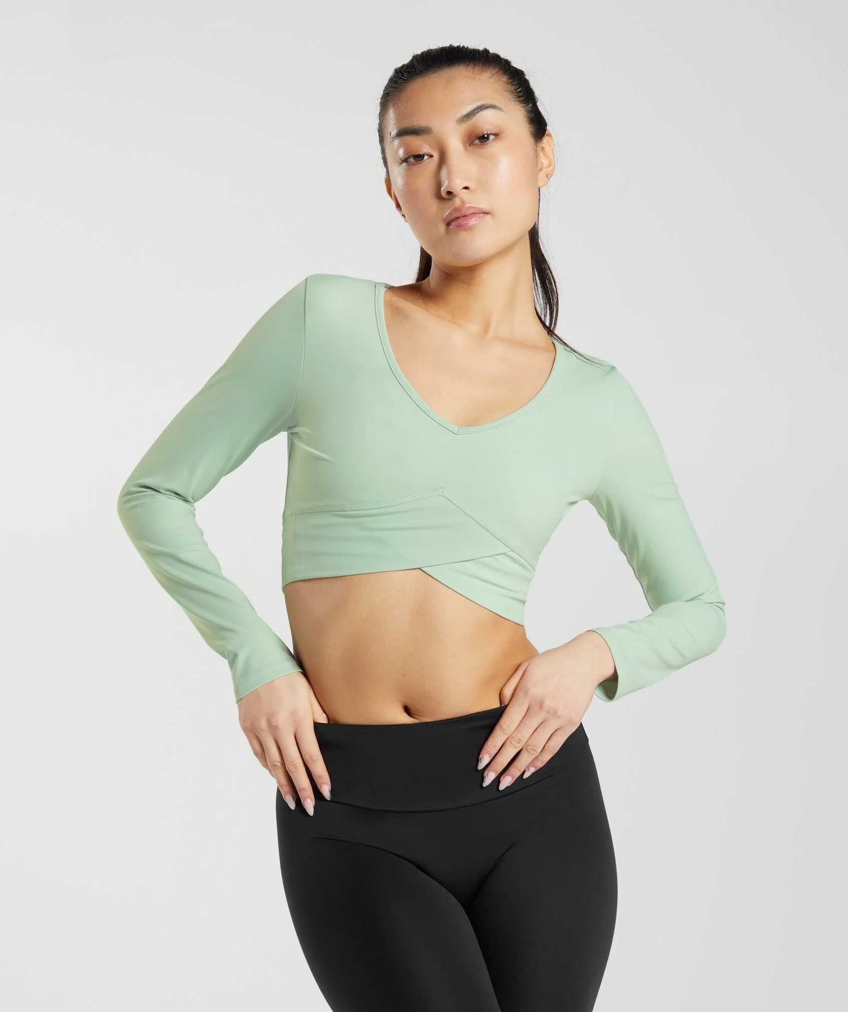 Crossover Long Sleeve Crop Top Mist Green | Gymshark US